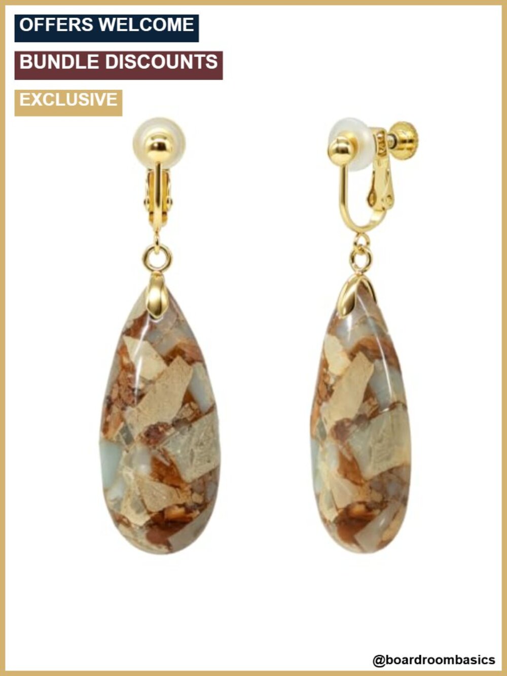 Teardrop Natural Stone Boho Clip On Earrings Colorful Beach Jewelry